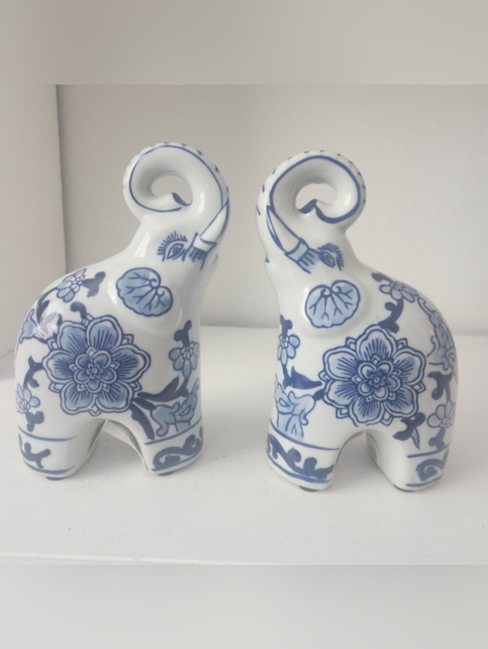 Three Hands Blue and White Chinoiserie Ceramic Elephant Figurines Set Of 2